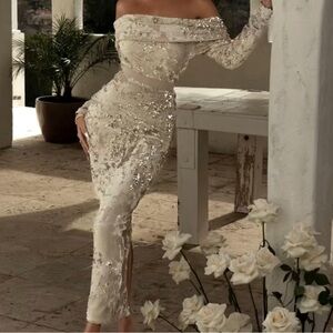 JLUXLABEL Off-Shoulder Sequin Dress in Cream